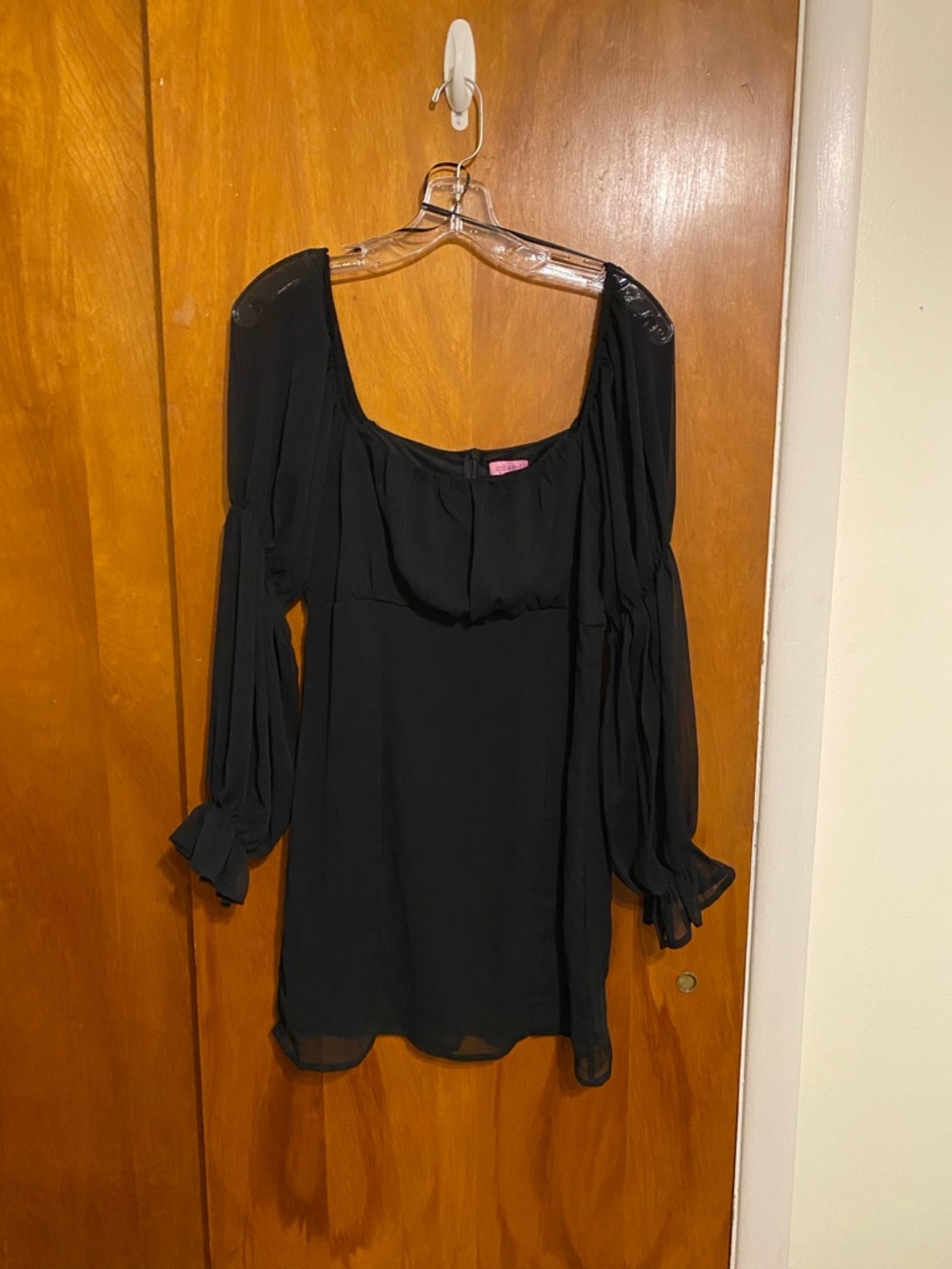 Francesca's Black Lightweight Peasant Puff Sheer Long Sleeves Mini Dress, Gothic